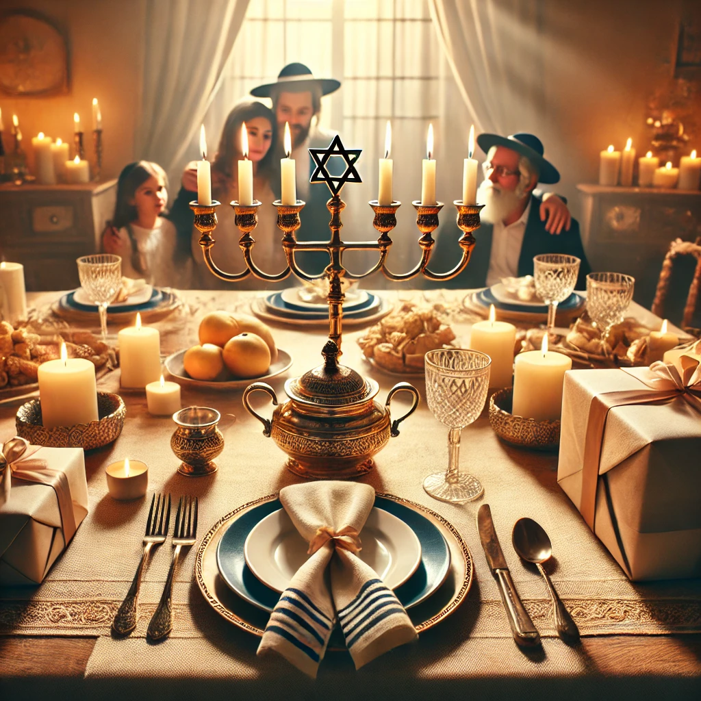 DALL·E 2024-10-17 14.56.50 - A warm and inviting image of a Jewish family gathering around a beautifully set table, with traditional elements such as a Kiddush cup, Shabbat candle